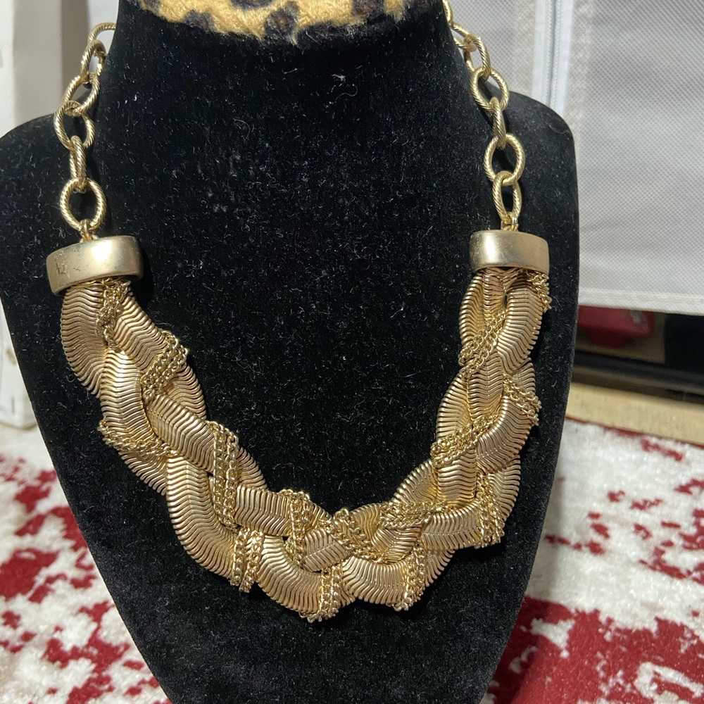 Loft Chunky Gold Tone Braided Statement Necklace Bold Collar Bib